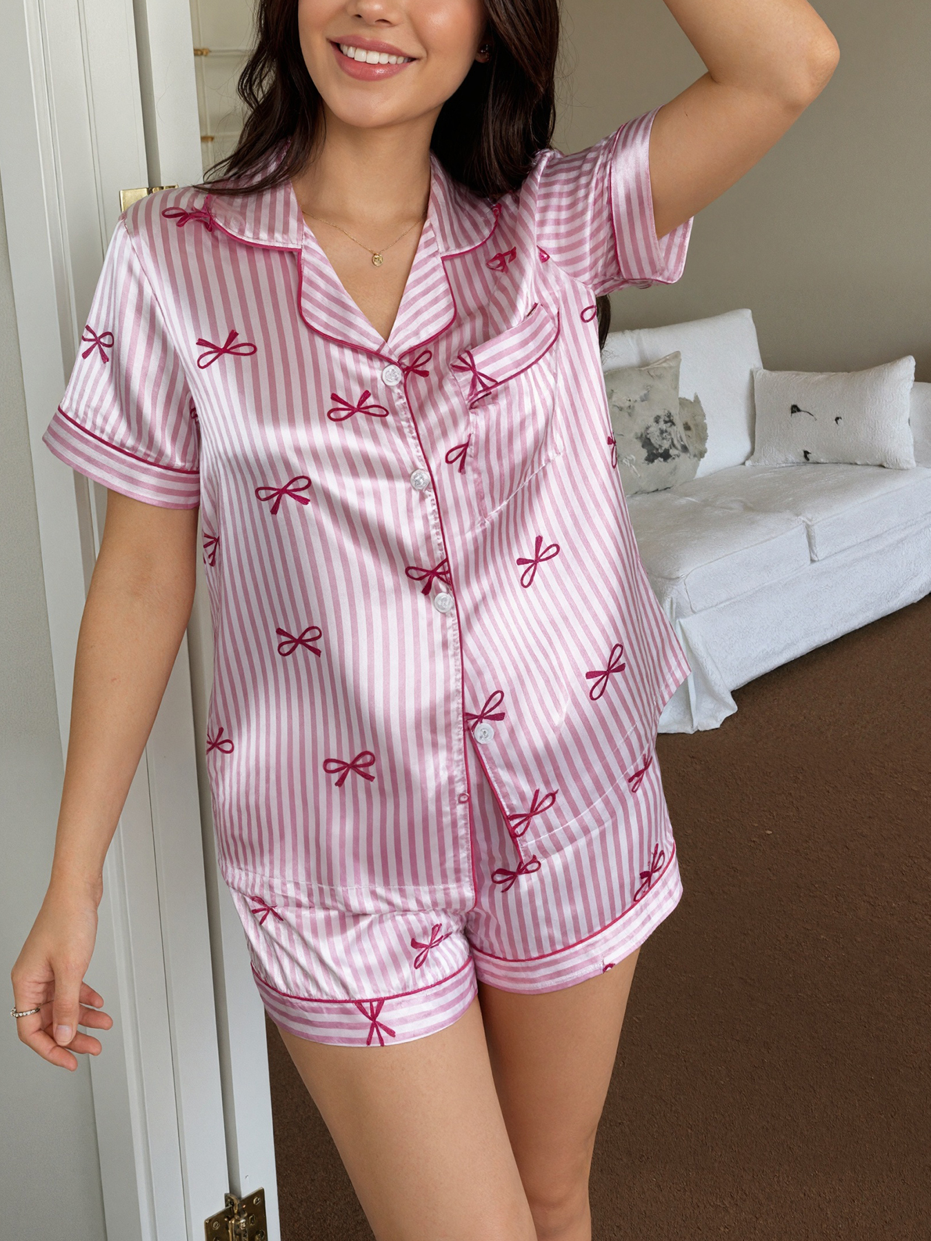 Silk Tie Striped - Women Pajamas Set Bow Tie Striped