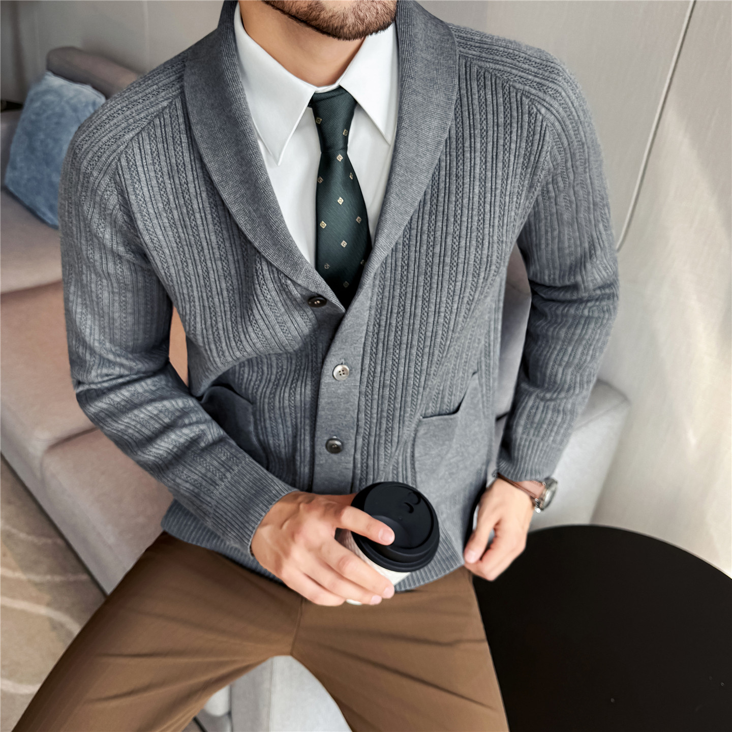 Men's Shawl Collar Knit Cardig - Muffler Men Wool ulasan dan harga