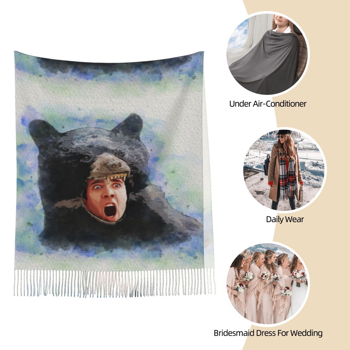 Cage Bear Watercolor Scarf for - Pashmina Wrap Large ulasan dan harga
